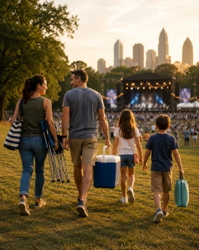 Active family carrying chairs and a cooler to an outdoor event