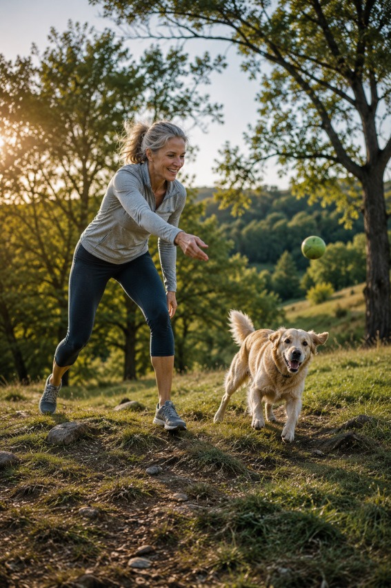 Active woman playing with her dog on uneven ground, demonstrating balance, mobility and coordination