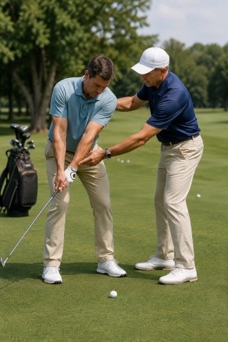 Golf instructor giving lessons on swing.
