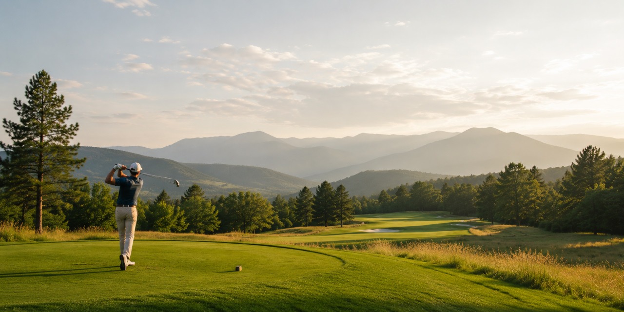 Golfer playing on a scenic course, building strength and stamina for golf