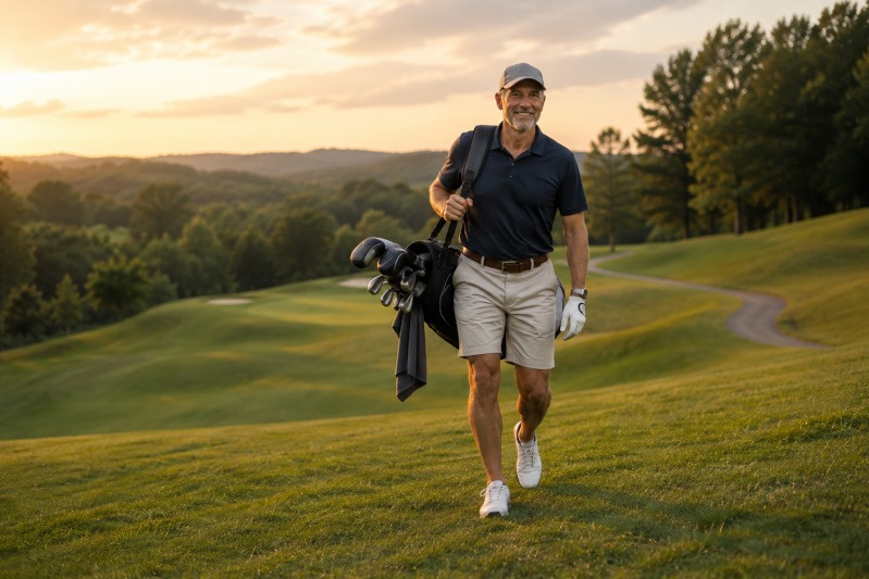 Golfer carrying his golf bag while walking uphill on the course