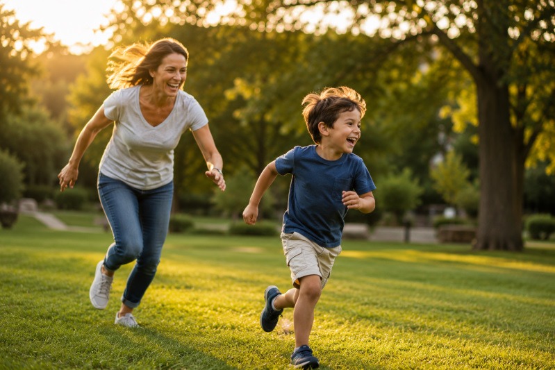 springs.jpg Mother running and playing tag with her son in the park