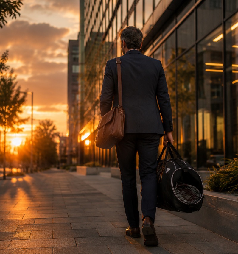 Busy professional leaving work with a gym bag, ready to stay active after a demanding day