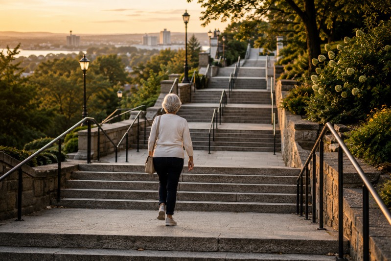 Active older woman confidently walking up a long outdoor staircase